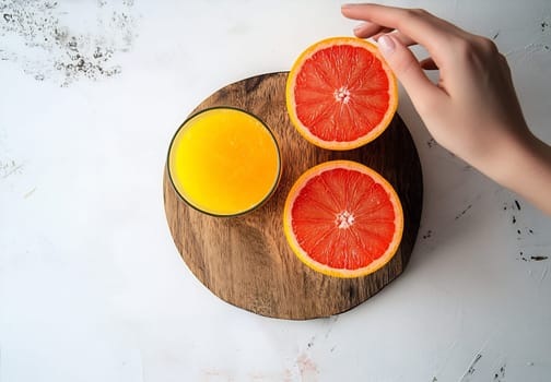 A hand reaches for a slice of bright orange grapefruit beside a glass of fresh orange juice on a wooden platter.