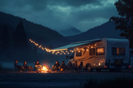 Friends enjoy a cozy evening by the campfire near their RV, surrounded by mountains under a starry sky.