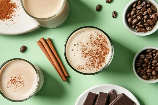 Two creamy coffee beverages are enhanced with spices, surrounded by chocolate and whole coffee beans on a mint green surface.