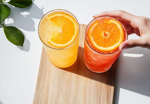 Brightly colored drinks sit on a wooden board, garnished with orange slices, capturing a sunny summer moment with refreshing flavors.