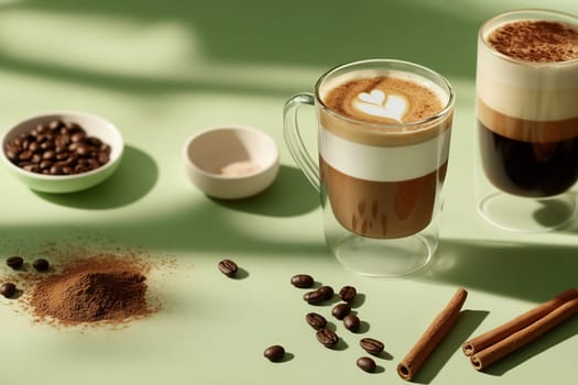 Two cups of coffee sit on a green table surrounded by coffee beans and cinnamon sticks. Creamy textures and latte art are featured.