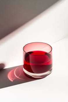 A clear glass containing a bright red liquid rests on a white surface, casting a shadow under natural light.