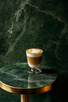 A beautifully crafted latte showcases intricate art atop creamy coffee served in a glass, set against a dark green marble backdrop.