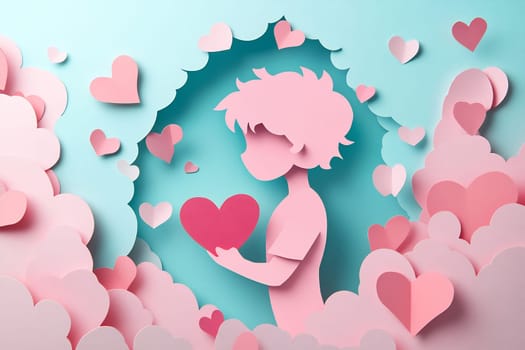 A young boy holds a heart while surrounded by pink clouds and floating hearts, expressing love and creativity in a whimsical setting.