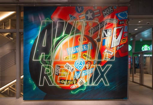 tokyo, shibuya - oct 02, 2024: Poster promoting a POP UP STORE held for the CD OST album release of AKIRA REMIX and the manga Katsuhiro Otomo Complete Works, displayed at the entrance of Tsutaya shop.