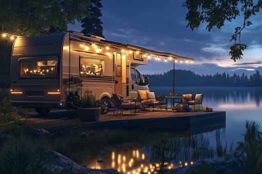 A camper is parked by a tranquil lake, illuminated by string lights, creating a cozy atmosphere as night falls.