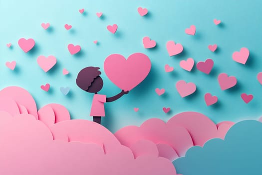 A child holds a large pink heart among floating pink and white hearts against a soft blue background, creating a whimsical atmosphere.