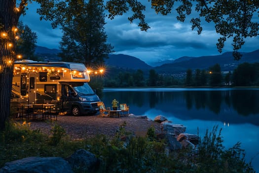 A well-lit RV is parked by a tranquil lake surrounded by mountains at dusk. The area is adorned with string lights, offering a warm ambiance.