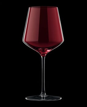 A sleek glass filled with rich red wine stands elegantly against a black background, showcasing its vivid color and shape.