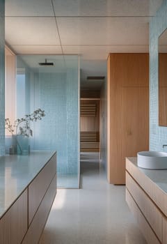A contemporary bathroom featuring wooden cabinetry, a large sink, and shimmering tile, illuminated by soft natural light throughout.