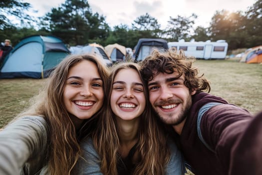 Three friends smile and pose for a selfie at a campsite surrounded by tents under a beautiful sunset sky.