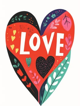 A vibrant heart shape filled with colorful patterns, symbols, and the word love prominently displayed, perfect for expressing affection.