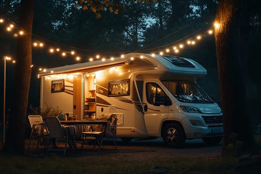 A recreational vehicle is parked in a forested area, illuminated by string lights, creating a warm and inviting atmosphere for outdoor relaxation.