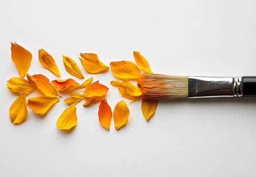 A paintbrush rests next to scattered yellow and orange petals, showcasing a blend of nature and artistry on a clean surface.