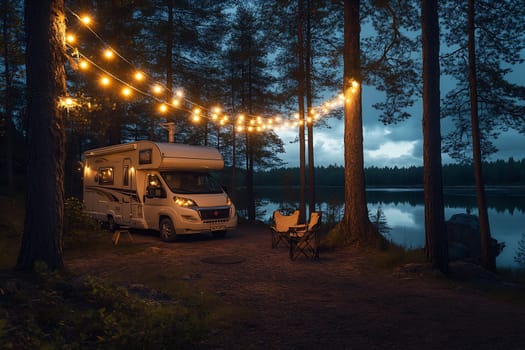 A cozy campsite showcases a camper van with string lights, surrounded by tall trees and reflecting water during twilight.