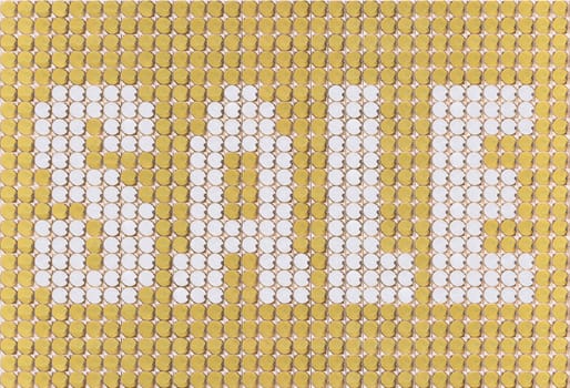 A sale panel made of circular golden dots arranged in white letters characters on a gold background creating an eye-catching and elegant design suitable for appealing customers of high standing store.