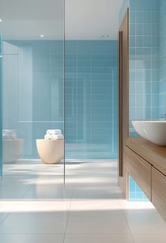 This contemporary bathroom features soothing blue tiles, natural wood accents, and a minimalistic layout, emphasizing relaxation and tranquility.