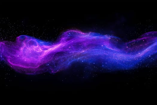 A vibrant swirl of purple and blue gas flows through the depths of space, shimmering with distant stars and cosmic dust.