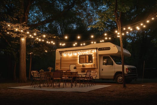A decorated camper is set up in a serene outdoor location at night, surrounded by glowing string lights and a dining area for gathering.