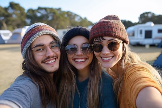 Three friends smile at the camera while camping in a sunny outdoor location, wearing cozy hats and sunglasses.