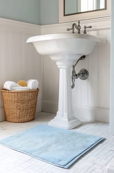 Stylish bathroom featuring a pedestal sink, a woven basket with towels, and a soft blue rug, creating a serene atmosphere for relaxation.
