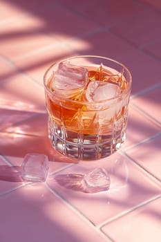 A chilled glass filled with a brown drink and ice cubes rests on a pink tiled surface, basking in warm sunlight.