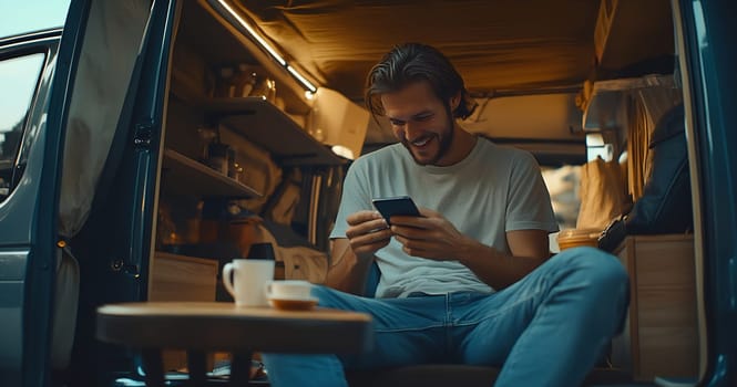 A man sits in a cozy van, relaxed with a cup of coffee while using his phone, enjoying a peaceful moment.