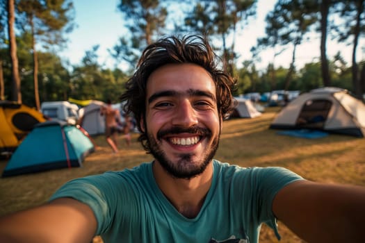 A cheerful young man smiles while taking a selfie at a lively campsite filled with tents in the warm evening light.