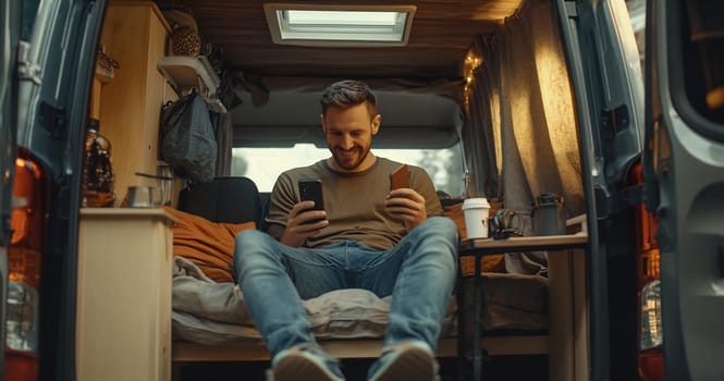 A man relaxes in a van, enjoying snacks and using his phone on a sunny afternoon, surrounded by a cozy interior.