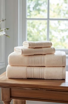A collection of soft, cream-colored towels is neatly stacked on a wooden table near a bright window, creating a cozy atmosphere.