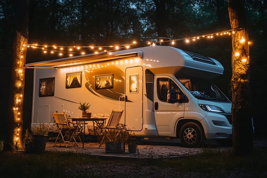 A camper parked in a serene forest, illuminated by fairy lights, with a dining area featuring chairs and a table surrounded by nature.
