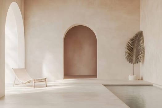 Light-filled indoor area features a minimalist design with a pool, lounging chair, and decorative plant by the wall.