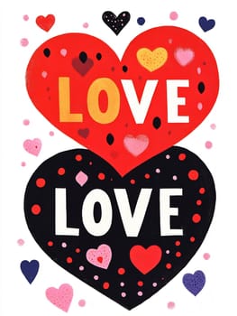 Brightly colored hearts in red and black display the word love, surrounded by smaller, vibrant hearts, creating a joyful atmosphere.