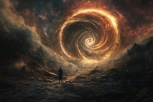 A traveler gazes at a swirling cosmic vortex above rugged terrain, illuminated by stars and vibrant colors during a mysterious twilight.