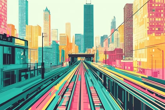 A colorful urban landscape features tall buildings and train tracks leading into the city center, showcasing artistic elements and bright colors.