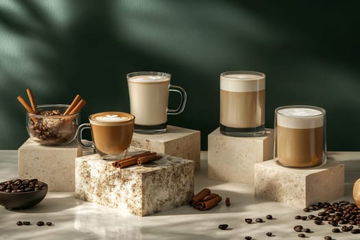 Various coffee drinks are showcased elegantly on marble blocks, accompanied by coffee beans and cinnamon sticks, creating an inviting atmosphere.