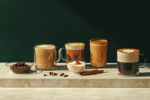 A variety of coffee beverages are arranged on a marble surface with coffee beans, creating a warm and inviting atmosphere.