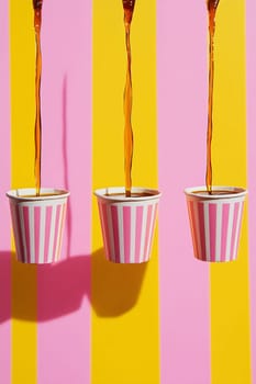 Three cups with pink stripes are filled with a dark liquid, pouring in front of vibrant yellow and pink striped background.
