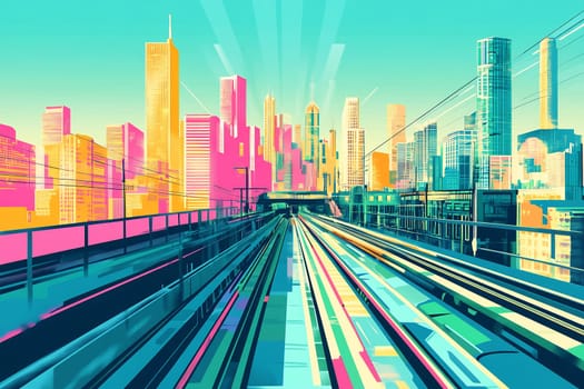 Colorful skyscrapers stand tall against a bright sky, while railway tracks lead through a dynamic urban landscape.