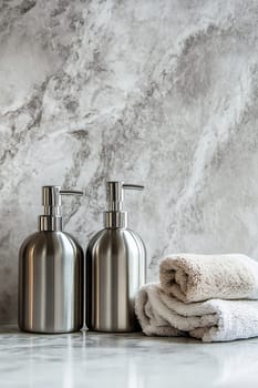 Stylish stainless steel dispensers stand next to soft towels on a marble surface, enhancing the elegant bathroom ambiance.