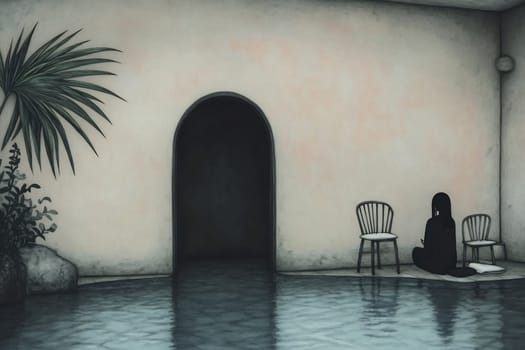 A person sits quietly on a mat beside two chairs in a serene, water-filled room with minimal decor and soft lighting.