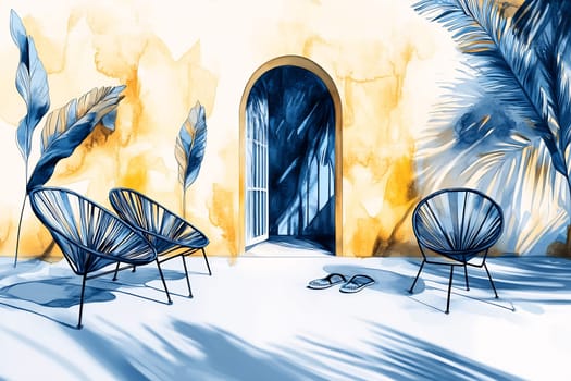 Stylish chairs are arranged outside a vibrant building, casting unique shadows and inviting relaxation in a sunny atmosphere.