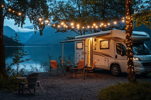 A beautiful camper parked by a serene lake, illuminated by string lights, as evening falls and nature surrounds the peaceful retreat.