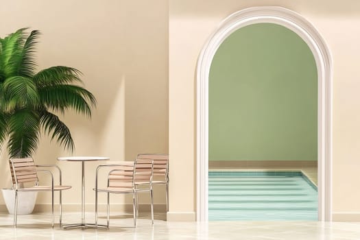 A serene corner featuring two chairs and a table, with a large archway leading to a peaceful indoor pool area bathed in soft light.