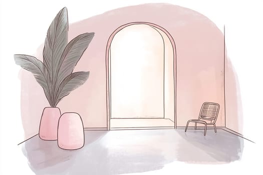A serene space featuring a light pink wall, stylish chairs, and large decorative plants in modern pots, creating a calming atmosphere.