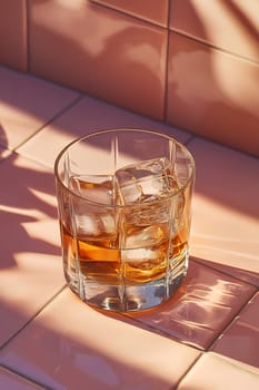 A glass of whiskey with ice cubes sits on a pink tile surface, illuminated by warm sunlight, creating a relaxed atmosphere.
