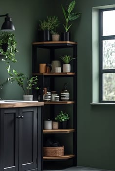 This kitchen corner features a sleek black shelf filled with potted plants, jars, and decorative items, creating an inviting atmosphere.