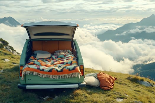 A vintage van with a cozy bed setup overlooks rolling clouds and majestic mountains during sunset, creating a serene atmosphere.