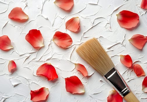 Delicate red and pink rose petals scatter across a textured white surface beside a paintbrush. The composition evokes artistry and nature.