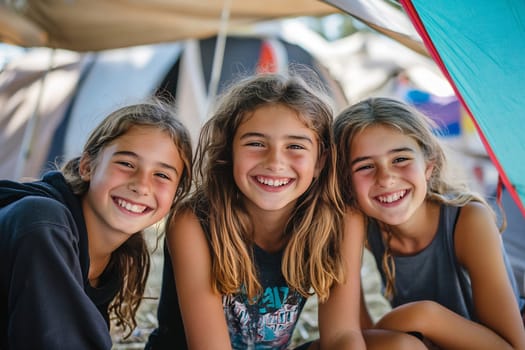 Three girls with bright smiles relax in a camping area filled with tents during a sunny day outdoors.